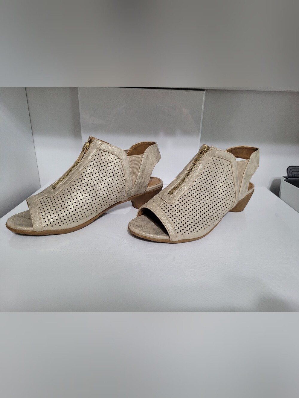 Shimmer Perforated Zip-Front Open-Toe Sandals in Champagne